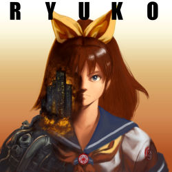 Rule 34 | akira (manga), bow, building, hair bow, highres, m.u.g.e.n, original, parody, ruins, ryuko (oggyoggy), school uniform, serafuku, skyscraper, style parody