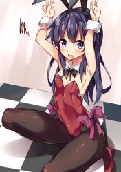 Rule 34 | 10s, 1girl, akatsuki (kancolle), alternate costume, animal ears, black pantyhose, blush, breasts, detached collar, double v, fake animal ears, from above, full body, hair between eyes, highres, kantai collection, kneeling, leotard, long hair, looking at viewer, off shoulder, pantyhose, playboy bunny, purple eyes, purple hair, rabbit ears, red leotard, sideboob, small breasts, solo, tears, unacchi (nyusankin), v, wavy mouth