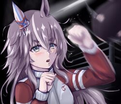 Rule 34 | 1girl, animal ears, blue eyes, blush, boxing, boxing ring, ceiling light, clenched hand, commentary request, cropped torso, ear covers, ear ornament, exercise, fluorescent lamp, grey hair, gym uniform, hair between eyes, horse ears, horse girl, jacket, long hair, long sleeves, makiya bois, open mouth, punching, solo, speed bag, sweat, thick eyebrows, tracen training uniform, track jacket, umamusume, upper body, wonder acute (umamusume)