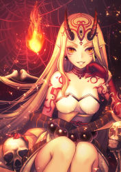 Rule 34 | 1girl, bare shoulders, beads, blonde hair, breasts, claws, earrings, fate/grand order, fate (series), female focus, horns, ibaraki douji (fate), japanese clothes, jewelry, kimono, long hair, looking at viewer, medium breasts, monster girl, off shoulder, oni, oni horns, pointy ears, prayer beads, satochi (1122), satochin1122, short kimono, skull, smile, solo, tattoo, very long hair, wide sleeves, yellow eyes, yellow kimono