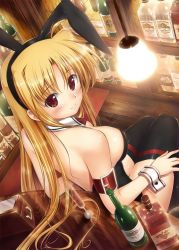 Rule 34 | 00s, 1girl, alcohol, animal ears, bare shoulders, black thighhighs, blonde hair, blush, bottle, breasts, face, fake animal ears, fate testarossa, foreshortening, from above, hairband, lamp, large breasts, leotard, liquor, long hair, looking back, lyrical nanoha, mahou shoujo lyrical nanoha, mahou shoujo lyrical nanoha strikers, mikuni mizuki, playboy bunny, rabbit ears, red eyes, sitting, smile, solo, thighhighs, wrist cuffs, wristband