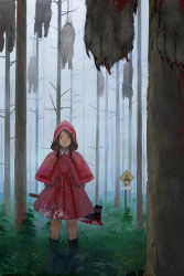 Rule 34 | 1girl, absurdres, arms behind back, axe, bad id, bad pixiv id, bare tree, big bad wolf, black eyes, black hair, blood, blood drip, blood on clothes, blood stain, blurry, blush, boots, capelet, claws, death, depth of field, dress, fog, forest, freckles, grass, hanged, highres, hood, little red riding hood, little red riding hood (grimm), looking at viewer, nature, noose, sidelocks, sign, sketch, tomiya (tomiya2117), tree, warning sign, weapon, white dress