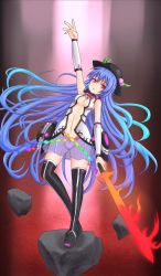 Rule 34 | 1girl, arm up, bad id, bad pixiv id, bare shoulders, black thighhighs, blue hair, breasts, center opening, female focus, hat, hinanawi tenshi, long hair, panties, red eyes, see-through, solo, sumapan, sword of hisou, thighhighs, touhou, underwear, very long hair, white panties