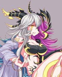 Rule 34 | 1girl, absurdres, bracelet, breasts, cleavage, detached sleeves, facial mark, garukichi, hair over one eye, hel (p&amp;d), highres, horns, jewelry, large breasts, long hair, multicolored hair, navel, parted lips, purple hair, puzzle &amp; dragons, silver hair, sitting, smile, solo, tattoo, very long hair, wavy hair, wide sleeves, yellow eyes