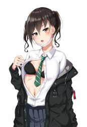 Rule 34 | 1girl, :o, bad id, bad pixiv id, black bra, black coat, black hair, blue skirt, bra, breasts, brown eyes, clothes pull, coat, contrapposto, cowboy shot, green necktie, hair between eyes, head tilt, highres, hong jo, idolmaster, idolmaster cinderella girls, looking at viewer, mask, mask pull, mole, mole under eye, mouth mask, navel, necktie, off shoulder, open clothes, open mouth, open shirt, pleated skirt, sharp teeth, shirt, shirt pull, short hair, simple background, skirt, small breasts, solo, striped necktie, striped neckwear, sunazuka akira, surgical mask, teeth, twintails, underwear, white background, white shirt