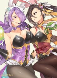 Rule 34 | 2girls, alternate costume, animal ears, bare shoulders, black gloves, breast press, breasts, brown hair, camilla (fire emblem), camilla (spring) (fire emblem), carrot, cleavage, easter egg, egg, eye contact, fake animal ears, fire emblem, fire emblem fates, fire emblem heroes, flower, ge-b, gloves, hair flower, hair ornament, hair over one eye, kagero (fire emblem), kagero (spring) (fire emblem), large breasts, leotard, long hair, looking at another, multiple girls, nintendo, official alternate costume, pantyhose, playboy bunny, purple eyes, purple hair, rabbit ears, simple background, very long hair, white background