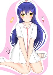 Rule 34 | 1girl, absurdres, artist name, artist request, bandaid, bare legs, blue hair, blush, breasts, brown eyes, female focus, hair between eyes, hand on own knee, hat, highres, long hair, looking at viewer, love live!, love live! school idol project, miniskirt, nurse, nurse cap, parted lips, plaid, plaid skirt, pleated, pleated skirt, shoes, short sleeves, skirt, smile, solo, sonoda umi, white background, white footwear, white skirt, worried, yellow eyes