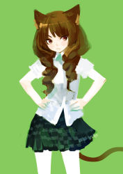 Rule 34 | 1girl, :/, animal ears, brown eyes, brown hair, cat ears, cat tail, checkered clothes, checkered skirt, drill hair, faux traditional media, green theme, hands on own hips, highres, long hair, original, pump (pumpqmuq), school uniform, shirt, short sleeves, simple background, skirt, solo, tail, white shirt