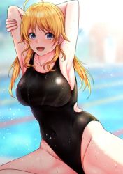 Rule 34 | 1girl, :d, aga marino, ahoge, armpits, arms behind head, bad id, bad twitter id, black one-piece swimsuit, blonde hair, blue eyes, blurry, blurry background, breasts, commentary request, competition swimsuit, hachimiya meguru, idolmaster, idolmaster shiny colors, large breasts, long hair, looking at viewer, one-piece swimsuit, open mouth, pool, smile, solo, swimsuit, wet