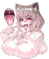 Rule 34 | 1girl, anchors (mono eye os), animal ears, bow, bowtie, breasts, close-up, common raccoon (kemono friends), female focus, huge breasts, kemono friends, looking at viewer, oral invitation, raccoon ears, red eyes, saliva, solo, teeth, tongue, tongue out, upper body, uvula
