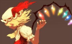 Rule 34 | 1girl, ascot, bad id, bad twitter id, blonde hair, crystal, flandre scarlet, hat, hat ribbon, horizon (sushi0126), mob cap, profile, puffy sleeves, red eyes, ribbon, shirt, short hair, short sleeves, simple background, solo, touhou, wings