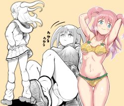 Rule 34 | 1girl, absurdres, arms behind head, bikini, blush, breasts, commentary request, from behind, from below, gluteal fold, green eyes, hands on own hips, highres, long hair, medium breasts, miniskirt, motion lines, multiple views, navel, nemoto hina, nervous smile, panties, pantyshot, partially colored, pineapple print, pink hair, pleated skirt, print bikini, school uniform, shoes, simple background, skirt, smile, socks, standing, stomach, sweat, swimsuit, tomato cyuki, translation request, two side up, underwear, watashi ga motenai no wa dou kangaetemo omaera ga warui!, yellow background