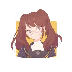 Rule 34 | 1girl, black sailor collar, brown eyes, brown hair, closed mouth, earrings, glasses, highres, jewelry, juwei, kujikawa rise, long hair, looking to the side, persona, persona 4, sailor collar, school uniform, simple background, smile, solo, turtleneck, twintails, yasogami school uniform