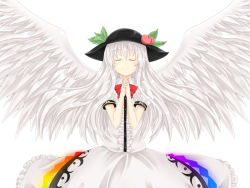 Rule 34 | 1girl, alternate hair color, angel wings, aru gunsou, bad id, bad pixiv id, bow, closed eyes, female focus, food, frills, fruit, hat, hinanawi tenshi, leaf, light smile, long hair, m.u.g.e.n, mixarumixa, own hands clasped, own hands together, peach, short sleeves, simple background, smile, solo, touhou, very long hair, white hair, wings