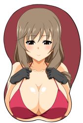 Rule 34 | 1girl, absurdres, bikini, blush, breasts, brown eyes, brown hair, cleavage, girls und panzer, gloves, hands on own chest, highres, large breasts, long hair, looking at viewer, mature female, mousepad (medium), shimada chiyo, solo, swimsuit, umeta shirisuke