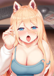 Rule 34 | 1girl, animal ears, blonde hair, blue eyes, blue shirt, blurry, blurry background, blush, breasts, cleavage, dog ears, dog girl, fingernails, from above, hair between eyes, hand up, highres, keyboard (computer), large breasts, long hair, long sleeves, looking at viewer, mouse (computer), mousepad (object), open mouth, original, shirt, solo, strap slip, tachimi (basue), tongue, tongue out, upper body