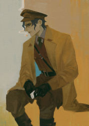 Rule 34 | 1boy, ace attorney, barok van zieks, belt, black belt, black gloves, brown coat, brown hat, brown jacket, brown pants, cigarette, coat, collared shirt, cross scar, feet out of frame, gloves, grey hair, hat, highres, jacket, long sleeves, male focus, military, military hat, military uniform, mouth hold, necktie, pants, profile, raycrodu h, scar, scar on face, shirt, short hair, sitting, smoking, solo, the great ace attorney, uniform, yellow background