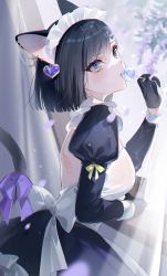 Rule 34 | 1girl, alternate costume, back bow, backless dress, backless outfit, black dress, black gloves, black hair, blush, bob cut, bow, closed mouth, cowboy shot, curtains, day, dress, enmaided, frilled dress, frills, gloves, green eyes, hair ornament, heart, heart-shaped gem, heart hair ornament, highres, holding, juliet sleeves, long sleeves, looking away, maid, maid headdress, miwano rag, original, puffy sleeves, short hair, solo, standing, sunlight, swept bangs, tail, tree, two-tone dress, white bow, white dress, window
