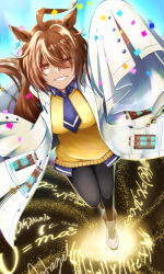 1girl agnes_tachyon_(umamusume) ahoge animal_ears black_pants brown_hair closed_mouth confetti full_body hair_between_eyes hand_up highres horse_ears horse_girl lab_coat lackxlock long_sleeves looking_down necktie pants red_eyes short_hair short_necktie solo standing sweat sweater umamusume white_footwear yellow_sweater