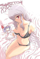 Rule 34 | 1girl, bed, black bra, black panties, blush, bow, bow bra, bra, bra pull, breasts, character doll, clothes pull, doll, female focus, izayoi sakuya, lace, lace-trimmed bra, lace-trimmed panties, lace trim, lingerie, medium breasts, nipples, panties, red eyes, silver hair, solo, takaku toshihiko, embodiment of scarlet devil, touhou, underwear, underwear only, undressing