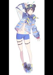Rule 34 | 1girl, absurdres, antennae, arm up, black hair, blue footwear, blue jacket, blue shorts, commentary, double bun, eitopondo, eyewear on head, fingerless gloves, fortissimo, full body, gloves, groin, hair bun, hair ornament, heart, heart hair ornament, highres, idolmaster, idolmaster shiny colors, jacket, legs, long sleeves, looking at viewer, morino rinze, musical note, musical note hair ornament, name tag, navel, red eyes, red gloves, see-through, see-through sleeves, shoes, short shorts, shorts, single glove, smile, sneakers, solo, standing, star (symbol), star hair ornament, stomach, thigh strap, thighs