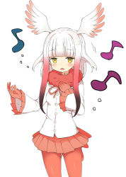 Rule 34 | 10s, 1girl, breasts, gloves, head wings, itamochi, japanese crested ibis (kemono friends), kemono friends, long hair, long sleeves, medium breasts, multicolored hair, music, musical note, pantyhose, quaver, red gloves, red pantyhose, sidelocks, singing, solo, white hair, wings, yellow eyes
