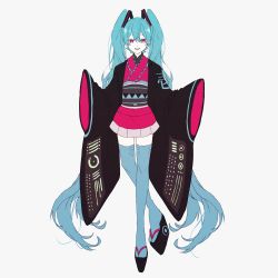 Rule 34 | 1girl, absurdly long hair, aqua hair, aqua thighhighs, crypton future media, eiku, full body, hatsune miku, highres, japanese clothes, kimono, long hair, long sleeves, looking at viewer, obi, okobo, piapro, red eyes, red skirt, sandals, sash, skirt, sleeves past fingers, sleeves past wrists, smile, solo, standing, thighhighs, twintails, very long hair, vocaloid, white background, wide sleeves, zettai ryouiki