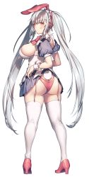 Rule 34 | 1girl, animal ears, ass, blush, breasts, butt crack, clothes lift, curvy, dress, dress lift, fake animal ears, from behind, full body, garter straps, high heels, highres, kirisaki shuusei, large breasts, leotard, lifting own clothes, looking back, maid, maid headdress, original, panties, pink panties, playboy bunny, puffy short sleeves, puffy sleeves, rabbit ears, rabbit tail, red eyes, red footwear, short sleeves, sideboob, sidelocks, silver hair, solo, tail, thighhighs, twintails, underwear, white thighhighs, wrist cuffs
