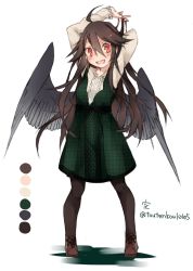 Rule 34 | 1girl, alternate costume, alternate hairstyle, arms up, black pantyhose, black wings, blush, brown hair, color guide, contemporary, dress, full body, green dress, long hair, long sleeves, looking at viewer, no headwear, open mouth, pantyhose, plaid, plaid dress, red eyes, reiuji utsuho, shoes, simple background, smile, solo, touhou, toutenkou, twitter username, white background, wings