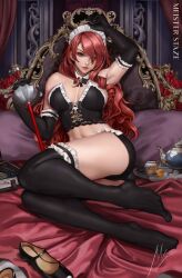 Rule 34 | 1girl, absurdres, ass, bed, bed frame, black thighhighs, bow, bowtie, breasts, cleavage, detached collar, elbow gloves, gloves, hair over one eye, highres, kirijou mitsuru, large breasts, long hair, looking at viewer, maid headdress, meister staze, persona, persona 3, pillow, rapier, red hair, sitting, smile, solo, sword, teapot, thighhighs, unworn footwear, wavy hair, weapon