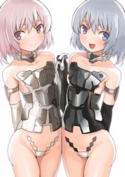Rule 34 | 10s, 2girls, :d, arm behind back, bare legs, bare shoulders, black gloves, blue eyes, blue hair, blush, breasts, c:, choker, collarbone, cowboy shot, detached collar, elbow gloves, frame arms girl, gloves, groin, hand up, highres, holding hands, interlocked fingers, legs, light blue hair, looking at viewer, materia (frame arms girl), materia kuro, materia shiro, multiple girls, neck, open mouth, panties, pink hair, red eyes, revealing clothes, shiba nanasei, short hair, siblings, simple background, sisters, small breasts, smile, standing, strapless, symmetry, thighs, twins, underwear, white background, white gloves, white panties