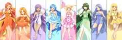 Rule 34 | 6+girls, absurdres, ahoge, arm up, bare shoulders, beautiful witch sakuran, blonde hair, blue background, blue dress, blue eyes, blue footwear, blue gloves, blue hair, blunt bangs, caren (mermaid melody pichi pichi pitch), coco (mermaid melody pichi pichi pitch), commentary request, dress, drill hair, elbow gloves, frilled dress, frills, full body, gloves, gradient background, green background, green dress, green eyes, green gloves, green hair, hair intakes, hair ornament, hairband, hand on own hip, highres, houshou hanon, idol, jewelry, lips, long hair, looking at viewer, mermaid melody pichi pichi pitch, microphone, multiple girls, nanami lucia, necklace, noel (mermaid melody pichi pichi pitch), one eye closed, orange background, orange dress, orange eyes, orange footwear, orange gloves, orange hair, pink background, pink dress, pink footwear, pink gloves, purple background, purple eyes, purple hair, sandals, sara (mermaid melody pichi pichi pitch), seira (mermaid melody pichi pichi pitch), short dress, signature, simple background, slippers, smile, sparkle, split theme, standing, star (symbol), star hair ornament, swept bangs, tan, touin rina, turtleneck, twintails, wavy hair, white background, white dress, white footwear, white gloves, yellow background, yellow dress, yellow eyes, yellow footwear, yellow gloves