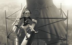 Rule 34 | 1girl, animal hood, balancing, blunt bangs, building, city, construction, fins, fish tail, food, full body, gawr gura, greyscale, highres, holding, holding food, hololive, hololive english, hood, i-beam, infi, monochrome, pizza, sepia, shark hood, shark tail, sharp teeth, solo, standing, standing on one leg, statue, tail, teeth, toolbox, virtual youtuber, watson amelia, wrench