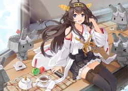 Rule 34 | 10s, 1girl, :d, ahoge, apple, artist name, bare shoulders, black skirt, brown hair, cup, detached sleeves, hand fan, folding fan, food, frilled skirt, frills, fruit, grey eyes, hairband, headgear, jojofon, kantai collection, kongou (kancolle), long hair, looking at viewer, machinery, nontraditional miko, onigiri, open mouth, pleated skirt, rensouhou-chan, ribbon-trimmed sleeves, ribbon trim, signature, skirt, smile, sunlight, teacup, thighhighs