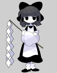 Rule 34 | 1girl, apron, black bow, black hair, blunt bangs, bow, closed mouth, commentary, crossed arms, detached sleeves, dmebgsa3, dress, frown, full body, gohei, greyscale, hair bow, hair tubes, hakurei reimu, highres, holding, long dress, looking at viewer, loose socks, medium hair, monochrome, no pupils, no sclera, omori, parody, shide, shoes, sidelocks, sideways glance, simple background, socks, solo, style parody, touhou, wide sleeves