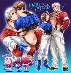 Rule 34 | 1girl, 2boys, ass, blue eyes, brown hair, butt crack, carrying, carrying person, chris, ear piercing, highres, japanese text, miru (mill 36), multiple boys, nanakase yashiro, pants, piercing, red hair, shermie (kof), shirt, shoes, snk, the king of fighters, white hair, yellow eyes