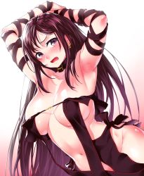 Rule 34 | 1girl, armpits, arms behind head, arms up, bare shoulders, blush, breasts, buckle, cleavage, collar, commentary request, dutch angle, ear piercing, embarrassed, fangs, fate/grand order, fate (series), full-face blush, gradient background, groin, highres, large breasts, long hair, looking at viewer, navel, nose blush, onsoku inu, open mouth, own hands together, piercing, plump, purple eyes, purple hair, revealing clothes, ribbon trim, solo, stomach, tearing up, tears, v-shaped eyebrows, very long hair, white background, yu mei-ren (fate)