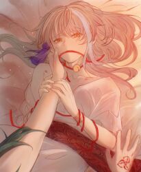 Rule 34 | 2boys, absurdres, archer (fate/samurai remnant), bite mark, bite mark on neck, bite mark on shoulder, biting, fate/samurai remnant, fate (series), highres, lying, multiple boys, on bed, pov, pov hands, red rope, rope, white hair, yaoi, yellow eyes, zheng chenggong (fate), zhou yu