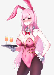 Rule 34 | 1girl, absurdres, adapted costume, animal ears, armpits, ass, bare shoulders, blush, bow, bowtie, breasts, center opening, clenched teeth, contrapposto, covered navel, cowboy shot, cup, detached collar, drinking glass, embarrassed, fake animal ears, hairband, hand on own hip, highleg, highleg leotard, highres, holding, holding tray, hololive, hololive english, kaiju ryoku, large breasts, leotard, long hair, looking at viewer, mori calliope, nose blush, pink hairband, pink leotard, playboy bunny, rabbit ears, rabbit tail, red bow, red bowtie, simple background, solo, strapless, strapless leotard, tail, teeth, traditional bowtie, tray, very long hair, virtual youtuber, white background, wrist cuffs