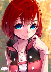 Rule 34 | 1girl, bare shoulders, blue eyes, buttons, closed mouth, collarbone, hair between eyes, hand up, jewelry, kairi (kingdom hearts), kingdom hearts, kingdom hearts iii, necklace, red hair, short hair, sleeveless, smile, solo, tamaki (tmk-poison), unzipped, upper body, wristband, zipper