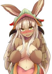 Rule 34 | 1girl, alternate breast size, animal ears, blonde hair, blush, commentary, covering privates, covering breasts, embarrassed, fang, furry, furry female, green eyes, highres, horns, looking at viewer, made in abyss, mistynight, nanachi (made in abyss), navel, aged up, simple background, solo, tears, topless, white background