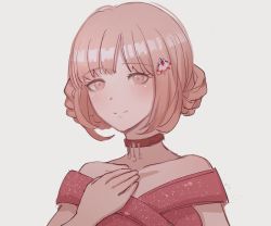 Rule 34 | 1girl, ai (meira32373165), alternate hairstyle, bare shoulders, blunt bangs, brown hair, closed mouth, collar, collarbone, commentary request, danganronpa (series), danganronpa 2: goodbye despair, dress, hair ornament, hairclip, hairpin, hand on own chest, looking at viewer, nanami chiaki, off-shoulder dress, off shoulder, official alternate costume, pink collar, pink dress, pink eyes, portrait, short hair, short sleeves, simple background, smile, solo, spaceship hair ornament