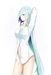 Rule 34 | 1girl, blouse, blue hair, blush, bottomless, breasts, brynhildr (fate), fate/prototype, fate/prototype: fragments of blue and silver, fate (series), highres, long hair, one eye closed, purple eyes, shirt, solo, stomach, thighs, very long hair, white shirt