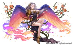 Rule 34 | 1girl, armor, black dress, bracer, breasts, dress, elbow gloves, esukee, feathered wings, flower, full body, gloves, gold footwear, invisible chair, long hair, official art, purple eyes, red gloves, rose, seisen cerberus, shoulder armor, silver hair, sitting, small breasts, solo, thorns, transparent background, watermark, white background, wings