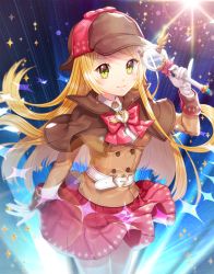 Rule 34 | 1girl, belt, blonde hair, blush, bow, bowtie, capelet, cowboy shot, deerstalker, detective, gloves, green eyes, hat, heart, holding, long hair, long sleeves, looking at viewer, magical girl, magnifying glass, original, saban, skirt, solo, sparkle, wand, white gloves