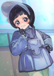 Rule 34 | 1girl, black gloves, black hair, blunt bangs, blurry, blurry background, blush stickers, bright pupils, cardigan, commentary request, creatures (company), dress, eyelashes, game freak, gloves, green pantyhose, grey cardigan, grey dress, grey eyes, grey hat, hand on own hip, hand up, hat, highres, index finger raised, indoors, jewelry, looking at viewer, necklace, nintendo, otsudou, pantyhose, pokemon, pokemon sv, poppy (pokemon), short hair, smile, solo, visor cap