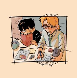 Rule 34 | 2boys, artist name, black eyes, black hair, blunt bangs, blush, book, border, calculator, collared shirt, commentary, cup, english commentary, esper-eclipse, glasses, hanazawa teruki, highres, holding, holding book, kageyama shigeo, long sleeves, looking at another, male focus, math, mob psycho 100, mug, multiple boys, necktie, open book, open mouth, orange border, paper, shirt, short hair, sitting, table, textbook, white shirt