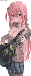 Rule 34 | 1girl, absurdres, black skirt, blue eyes, blush, bocchi the rock!, closed mouth, commentary request, cube hair ornament, electric guitar, gotoh hitori, guitar, hair between eyes, hair ornament, highres, holding, holding instrument, instrument, jacket, kawai ritsu (rits meg), long hair, long sleeves, looking at viewer, pink hair, pink jacket, plaid, plaid skirt, simple background, skirt, solo, sweatdrop, twitter username, white background