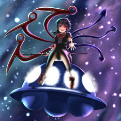 Rule 34 | 1girl, asymmetrical wings, black dress, black hair, black thighhighs, dress, full body, gradient background, highres, houjuu nue, light, looking at viewer, luke (kyeftss), open hand, open mouth, outstretched arm, panties, pantyshot, polearm, red eyes, ribbon, shoes, short hair, sitting, smile, snake, solo, thighhighs, touhou, trident, ufo, underwear, weapon, wings, wrist cuffs