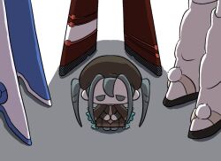 Rule 34 | 4girls, beret, blue footwear, boots, brown cape, brown dress, brown headwear, brown necktie, bug miku (project voltage), cape, chibi, commentary request, creatures (company), dress, fire miku (project voltage), flying miku (project voltage), game freak, grey eyes, grey hair, hat, hatsune miku, high heel boots, high heels, looking at viewer, multiple girls, multiple persona, necktie, nintendo, pokemon, pom pom (clothes), project voltage, red footwear, rock miku (project voltage), shadow, sidelocks, simple background, size difference, standing, surrounded, tareme, tonkatsu (to n ka tsu106), twintails, two-tone footwear, v arms, vocaloid, white background, white footwear, white leg warmers
